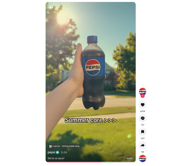 Repost on PepsiCo’s TikTok account of a pepsi bottle in the summer light with the words “summer core” for their #PepsiSummer campaign 