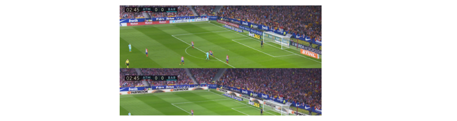 La Liga game broadcast shows two different types of branding on their LED parameter boards for the same match. 