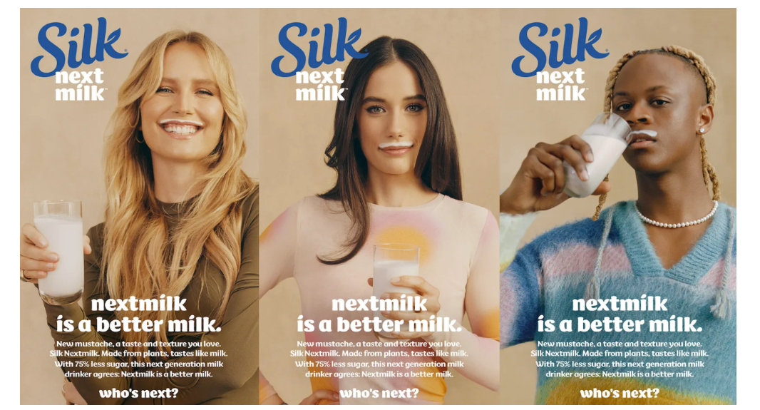 Three celebrities with “Silk mustaches,” and glasses of plant milk underneath, “Silk next milk.” 