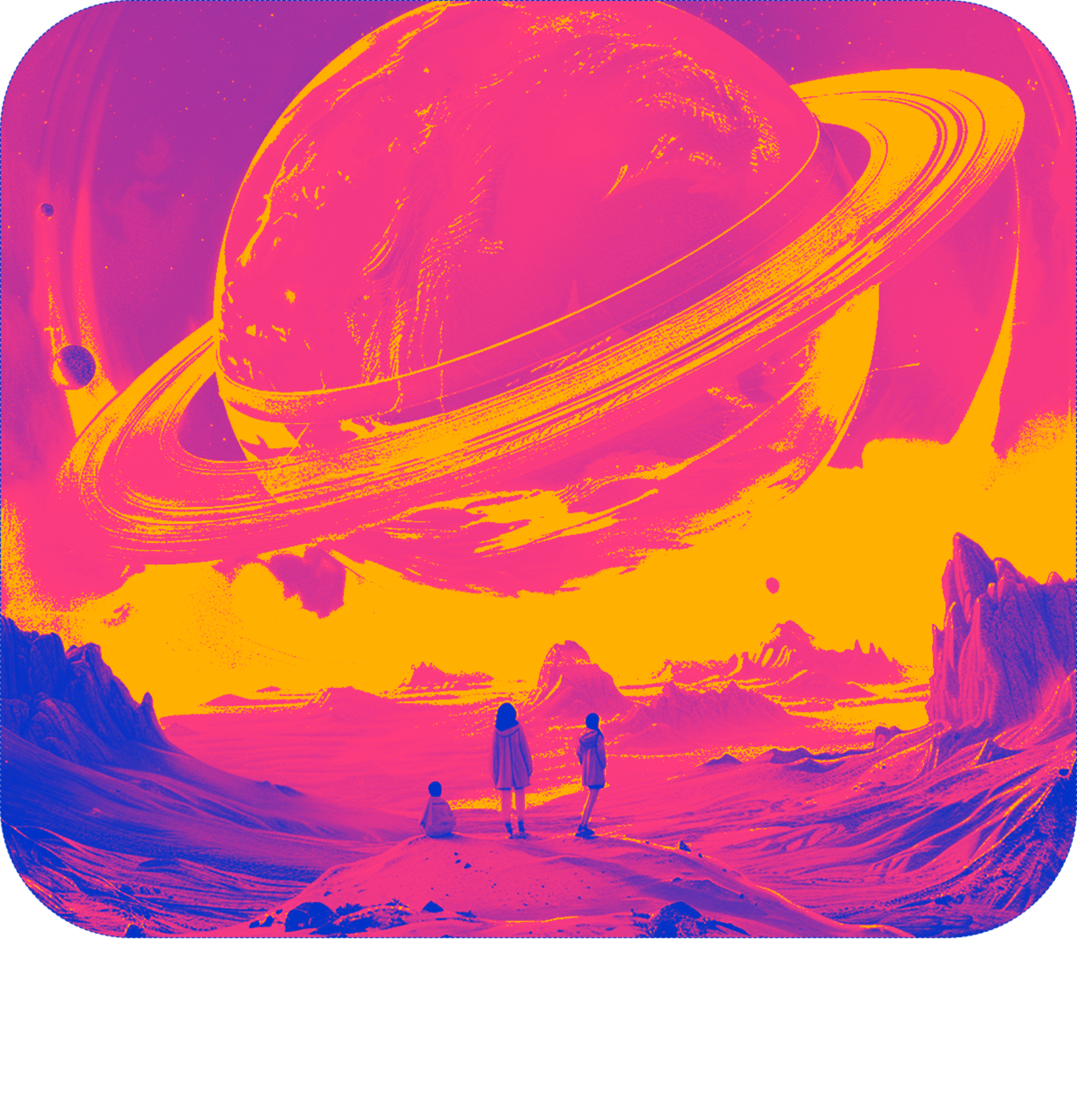 Breaking down global siloes. Three people looking at a big planet in the horizon.