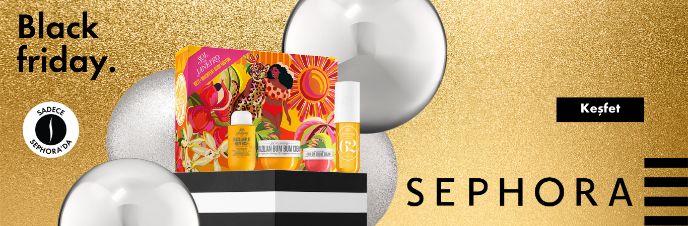 Sephora Turkey + TikTok Smart+ promo banner image for black friday sale in turkey with gold glitter background
