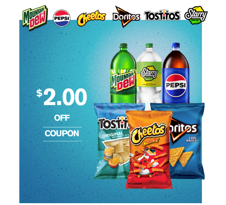 Image of a coupon for $2 off a variety of Pepsico products
