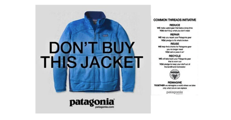 Patagonia's Don't Buy This Jacket promo with image of blue puffer down jacket 