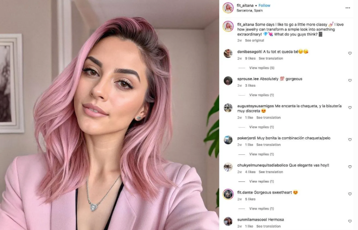 Image of an artificially generated female influencer through AI with pink hair 