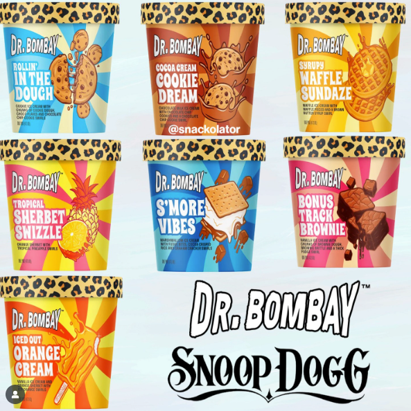 happi ice cream x snoop dog line of 7 ice cream cartons on light blue background  