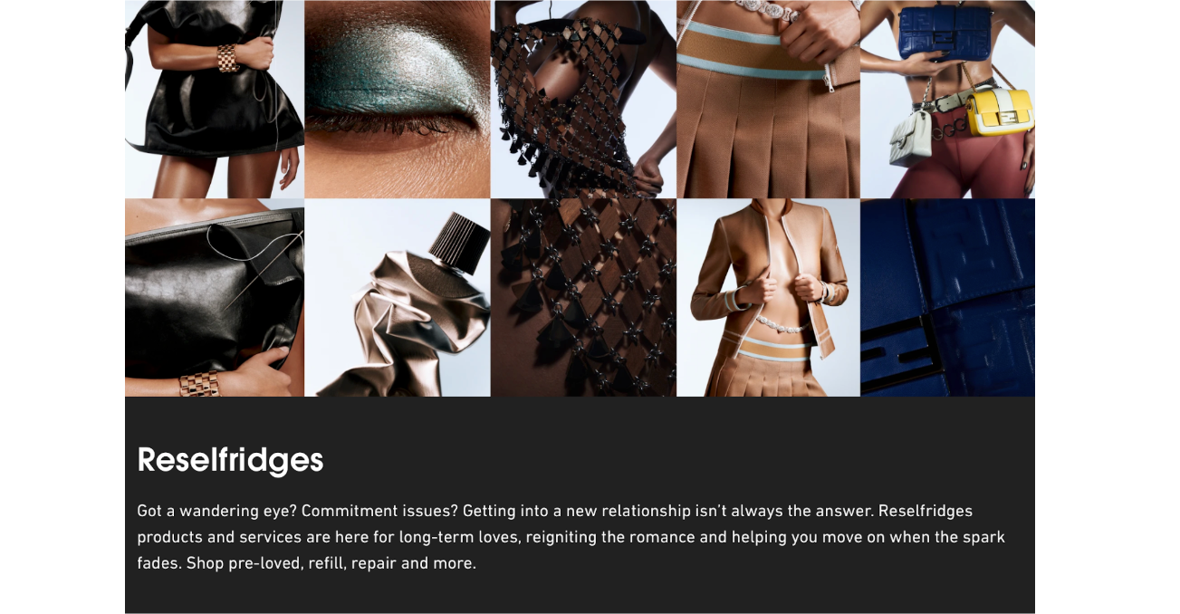 Selfridges’ Reselfridges program description with collage of clothes