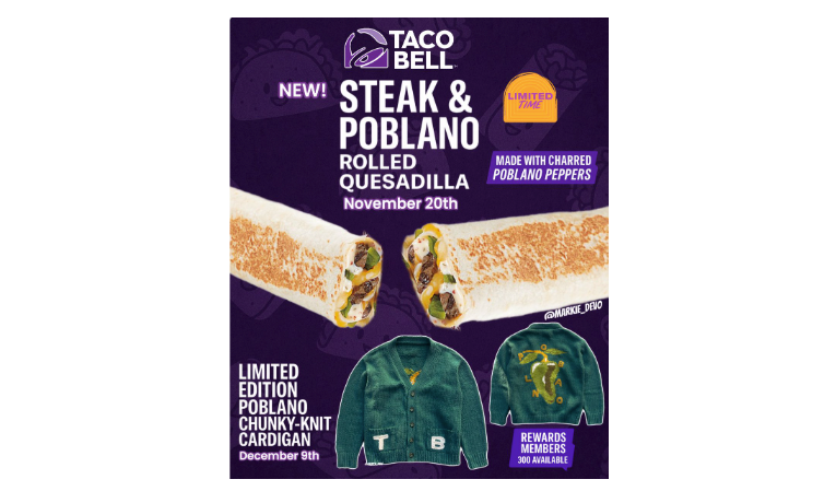 Taco Bell limited time steak and poblano quesadilla offer with poblano christmas sweater merch on purple background