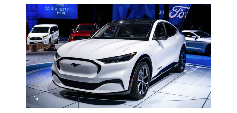 photo of a white Ford Mach-E taken from the front left in a show room