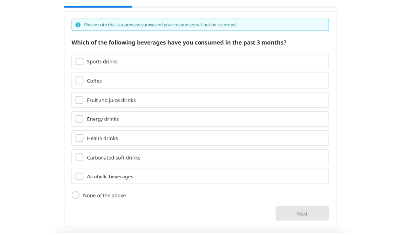 Zappi survey covers question on which beverages the respondent has had in the last three months