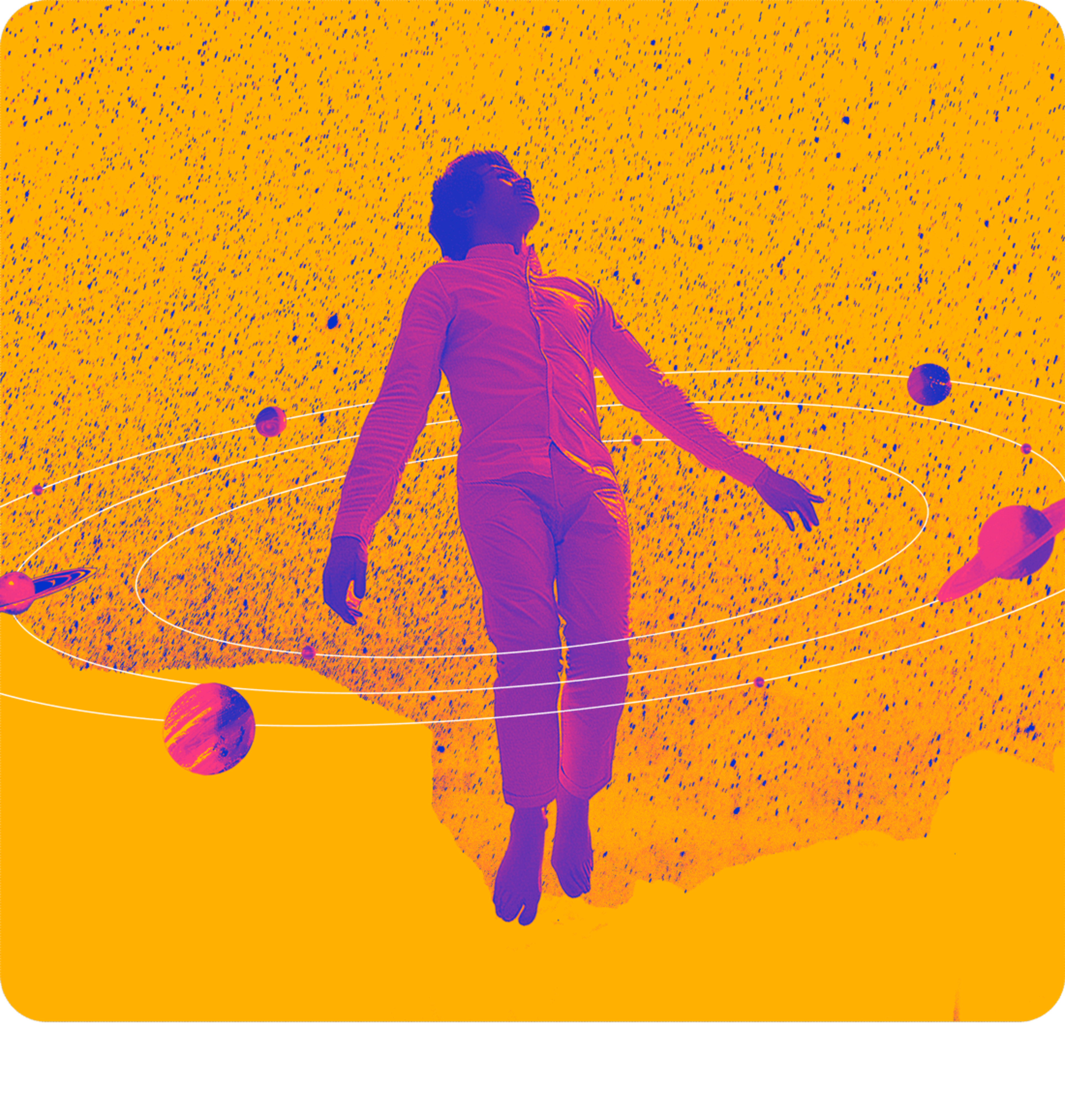 Customer-centric ad development system. A person in the middle of a solar system, with planets floating around in orbits.