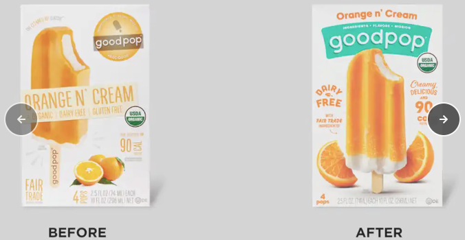  Before and after images of Good Pops packaging with better imagery and color pops