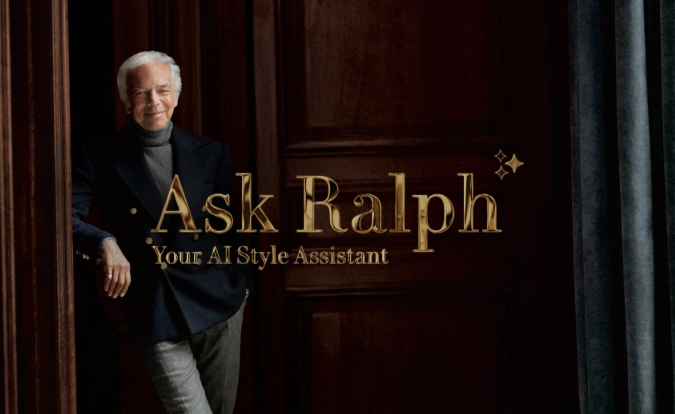 Ralph Lauren's Ask Ralph AI style assistant as Ralph Lauren in a turtleneck and suit jacket leaning against a dark wood doorframe 