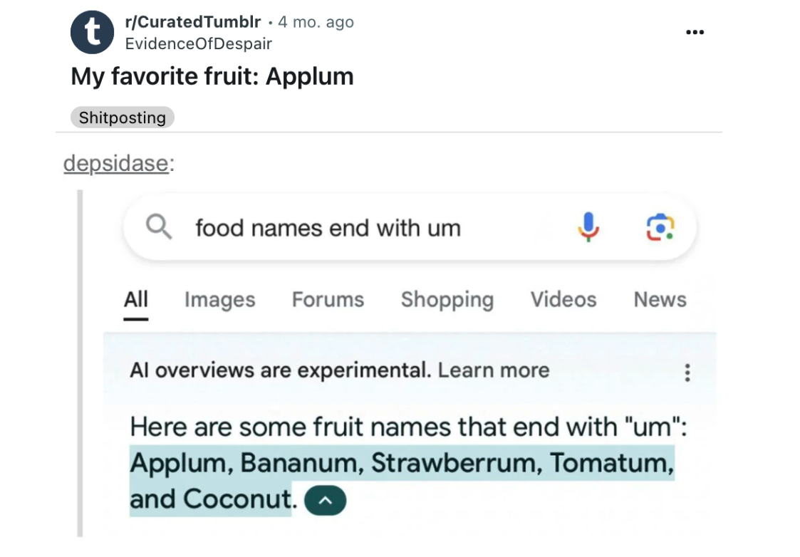 AI gives bad suggestions for fruits ending in “um” by suggesting coconut. 