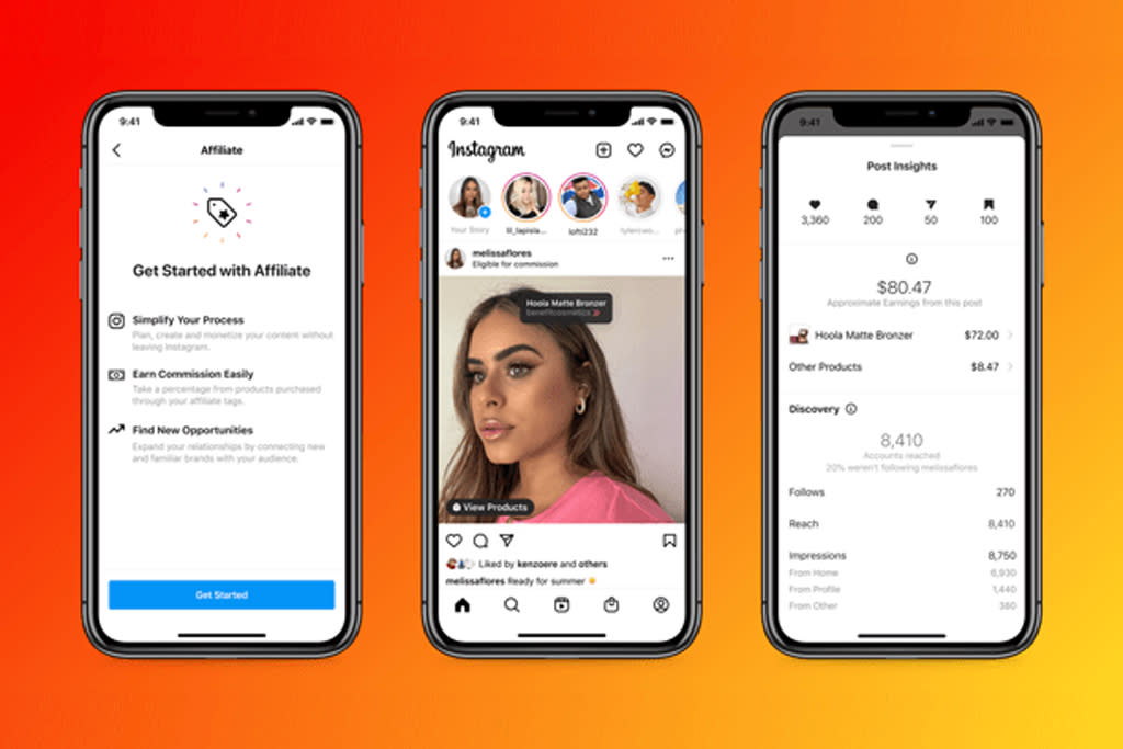 Instagram Reels shopping promotions screenshots across three phones on an orange background