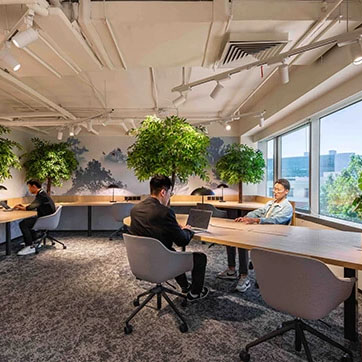 Two men sit at a table with their laptops. They are in a brightly lit office decorated with plants.