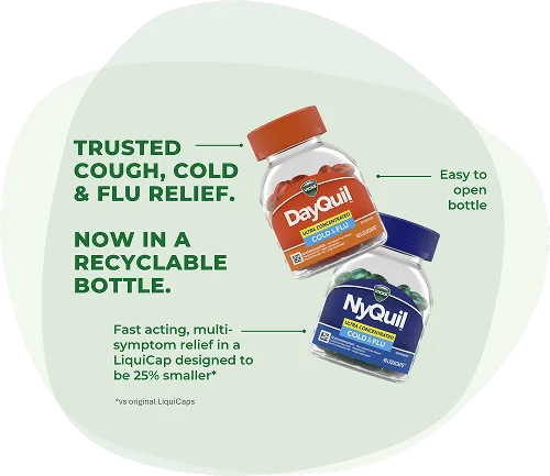 DayQuil & NyQuil: Trusted cough, cold & flu relief. Now in a recyclable bottle. Fast acting, multi-symptom relief in a LiquiCap designed to be 25% smaller* (*vs original LiquiCaps. Easy to open bottle.