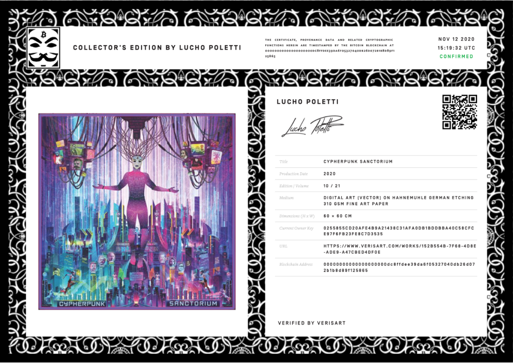 A customized Verisart certificate by Lucho Poletti. Lucho Poletti, Cypherpunk Sanctorium, 2020, digital art on fine art paper, 60 x 60cm, edition of 21