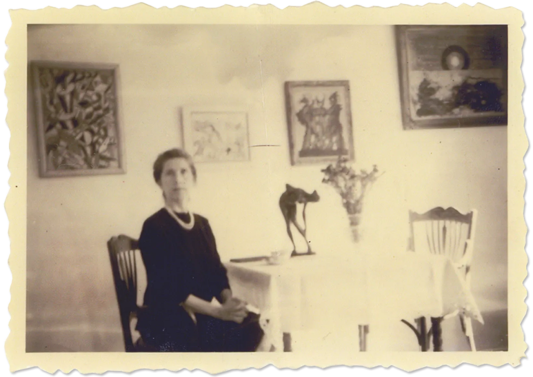 Helene Beltracchi posing as her grandmother next to Wolfgang’s forged paintings, Source: Polizei/dapd/ddp images/AP.