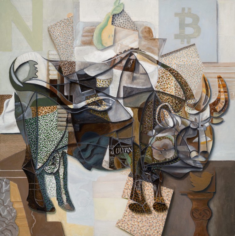Trevor Jones, Picasso’s Bull, 2020, oil, wax, sand and collaged paper on canvas, 140x140 cm. This painting was the basis for Trevor Jones’ NFT of the same name.