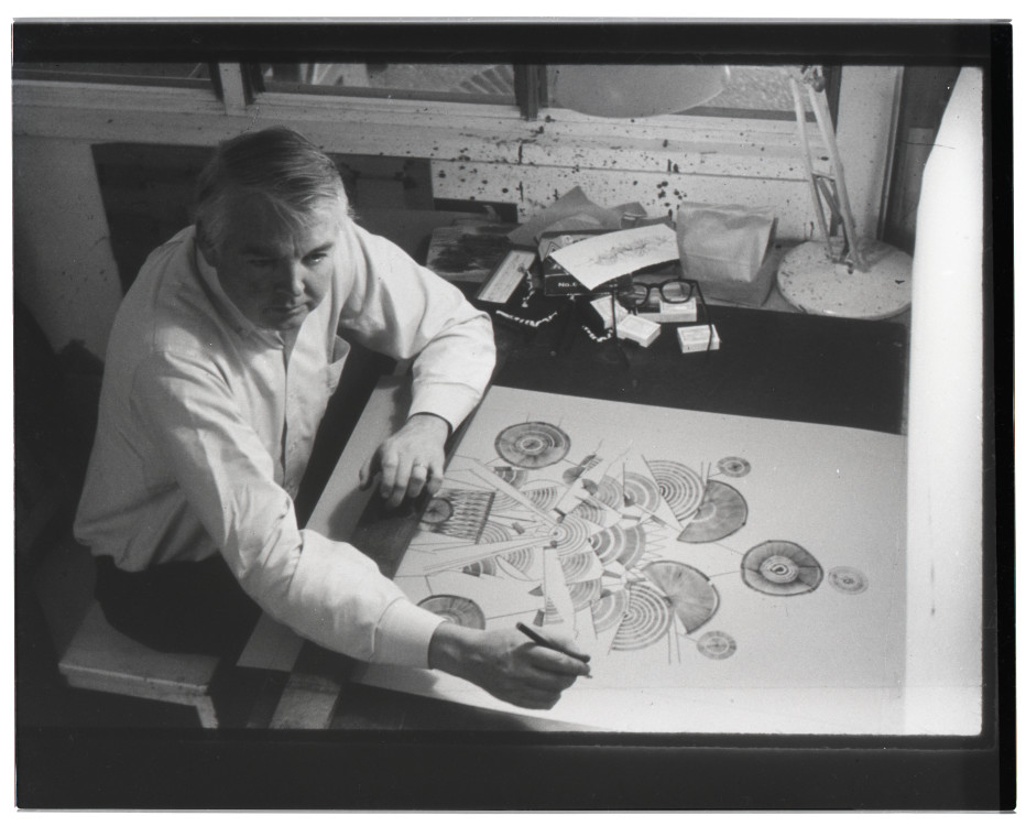 Lee Mullican in his studio, circa 1965, courtesy of Marc Selwyn Fine Art and Estate of Lee Mullican