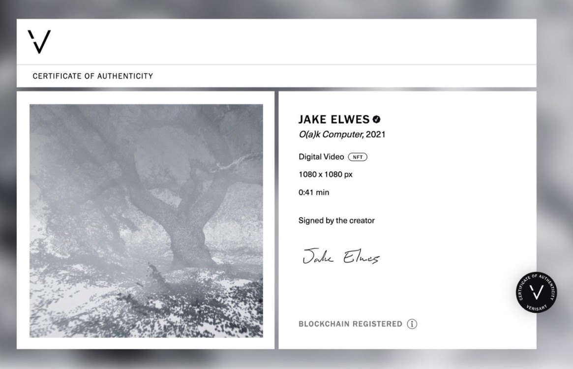 Jake Elwes, O(a)k Computer, Verisart Certificate of Authenticity, Courtesy of Verisart.