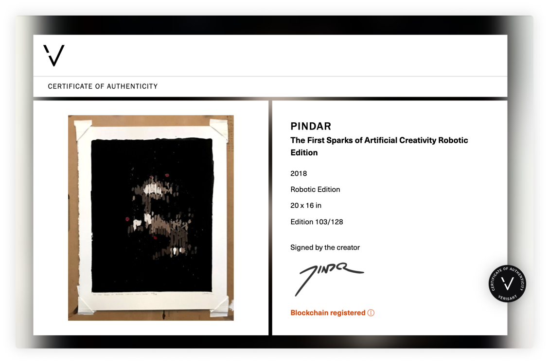 The First Sparks of Artificial Creativity Robotic Edition COA (Certificate of Authenticity), courtesy of the artist and Verisart