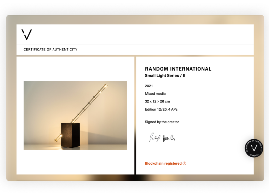 A Verisart Certificate of Authenticity. Random International, Small Light Series / II, 2021, Mixed Media, 32 x 12 x 26 cm, Edition 12/20, 4 APs, Signed by the creator. 