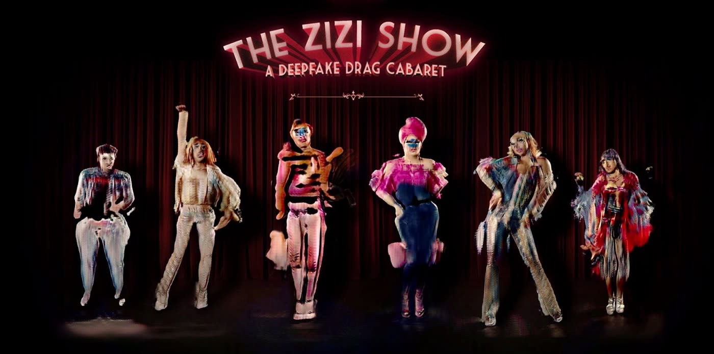 Jake Elwes, The Zizi Show 2020, montage of deepfake drag artists with titles, courtesy of the artist