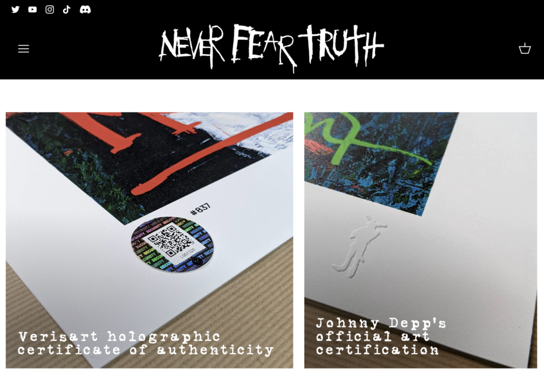 Johnny Depp's Never Fear Truth NFT website showing his physical print with a Verisart holographic QR sticker