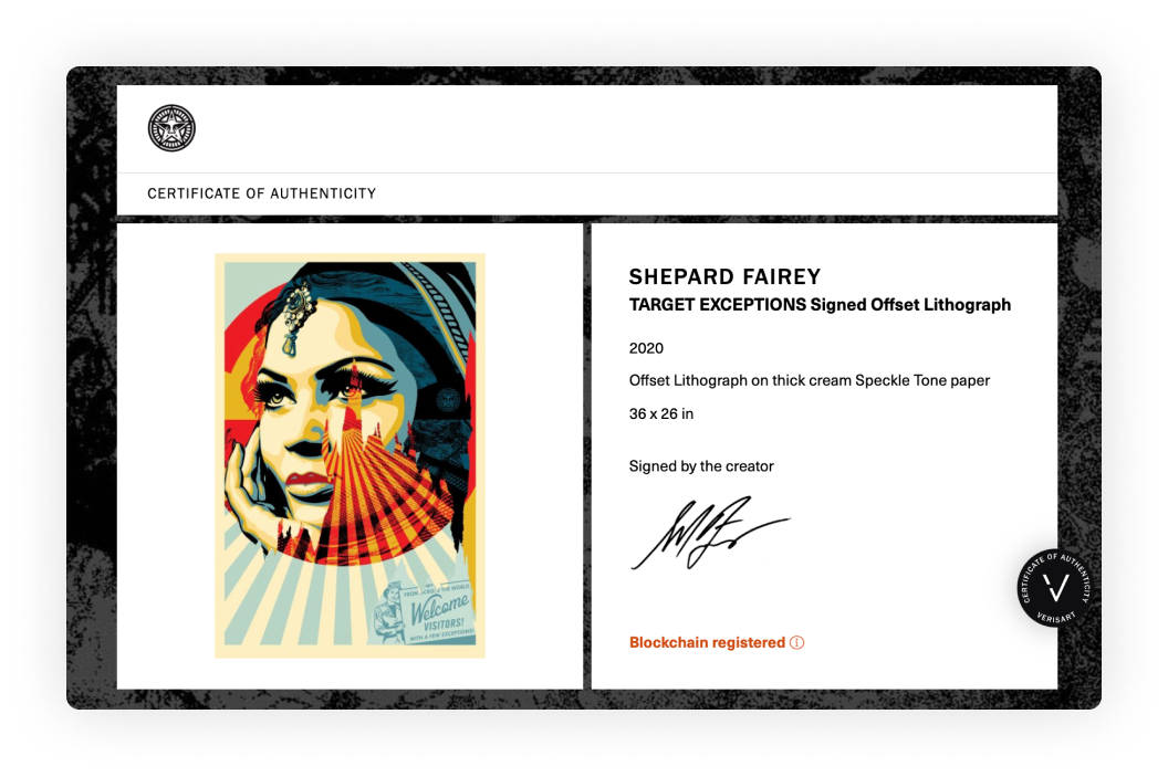 A Verisart Certificate of Authenticity. Shepard Fairey, TARGET EXCEPTIONS Signed Offset Lithograph, 2020. Signed by the creator. 