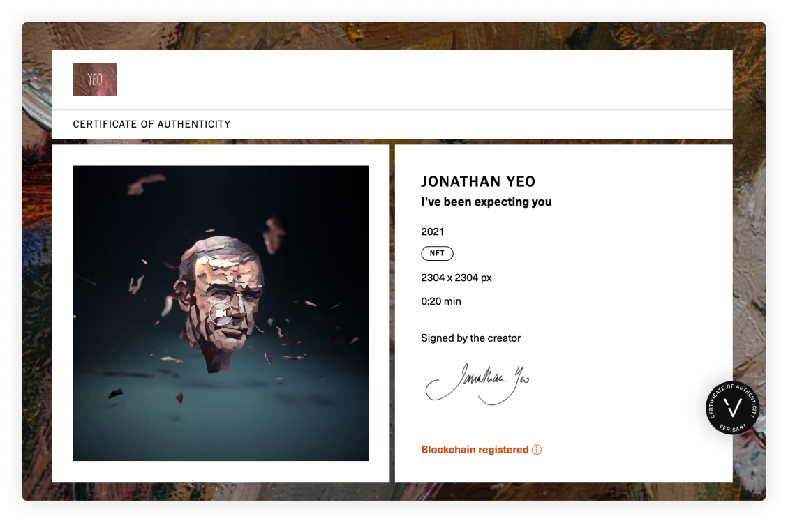 Certificate of Authenticity for Jonathan Yeo, I've Been Expecting You, 2021, NFT