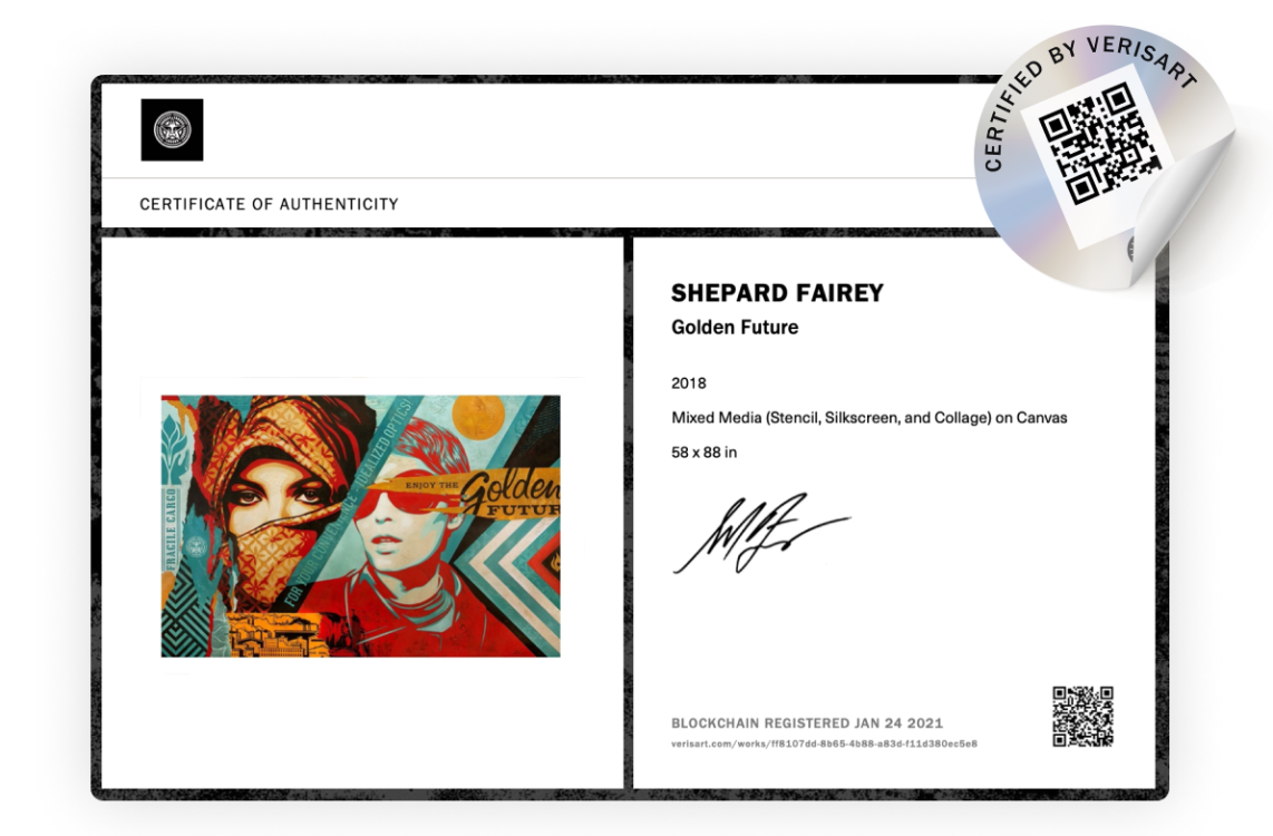 Certificate of Authenticity for a Shepard Fairey print and a QR holographic sticker