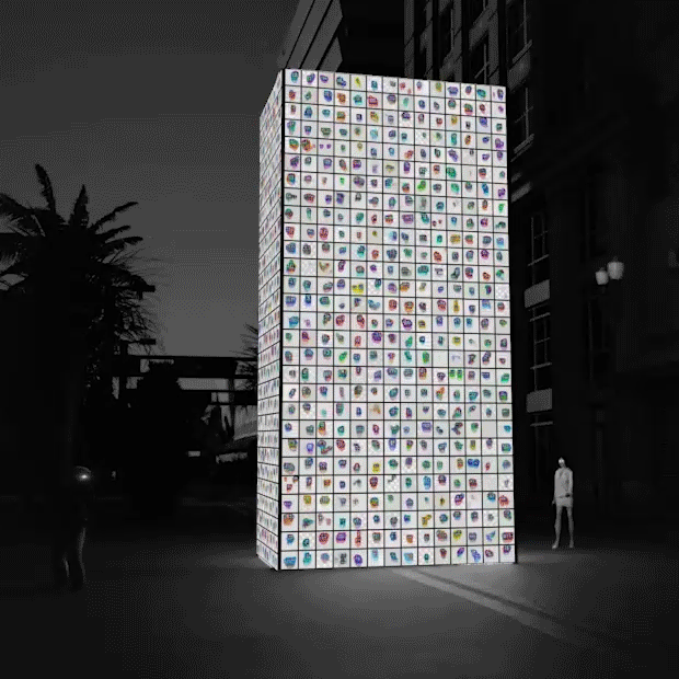 Van Arman's podGANs on SuperRare's monolith during the Flagler Street Art Festival 2021