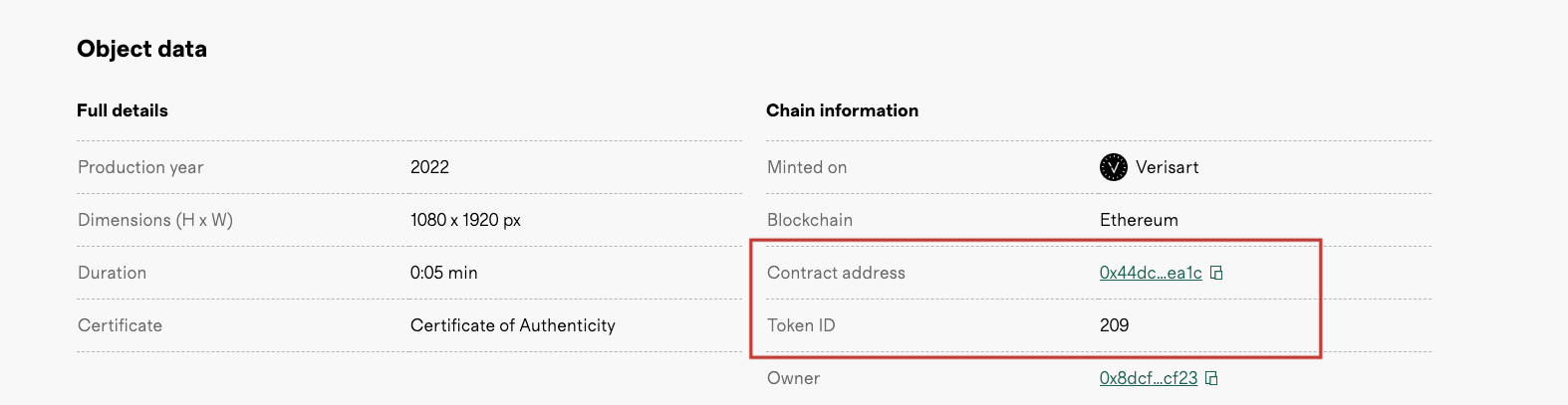 Screenshot of the Verisart item page indicating the NFT details and chain information