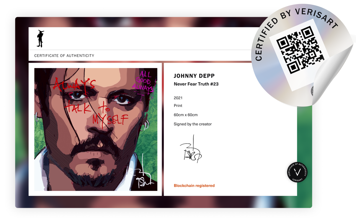 Certificate of Authenticity for a Johnny Depp print and a QR holographic sticker