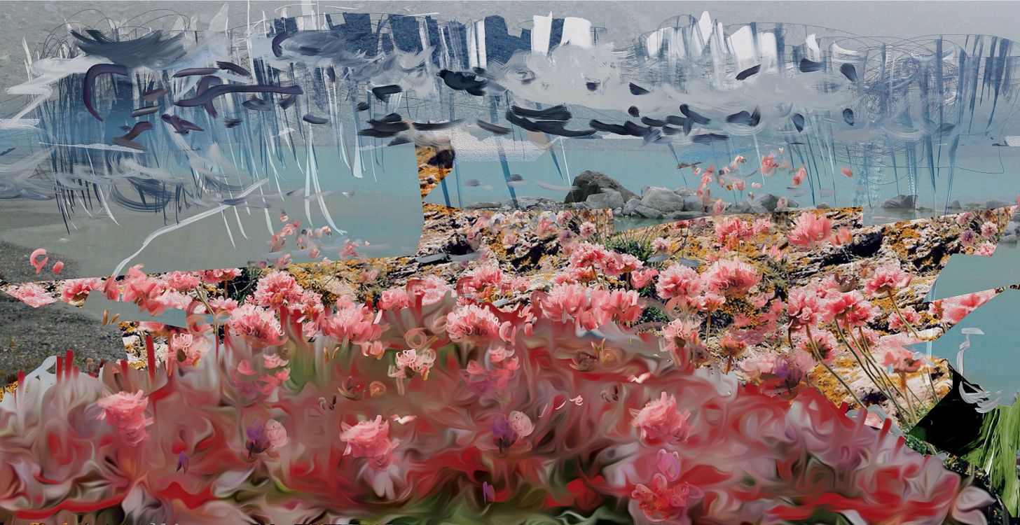 Petra Cortright, Celebrity addresses/fiji firing tour squad, 2017. Digital painting on anodized aluminum, 185.4 x 365.8 cm