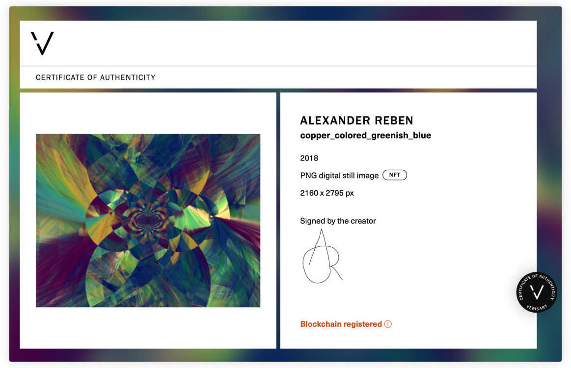 Verisart Certificate of Authenticity for Alexander Reben, copper_colored_greenish_blue, 2018. 