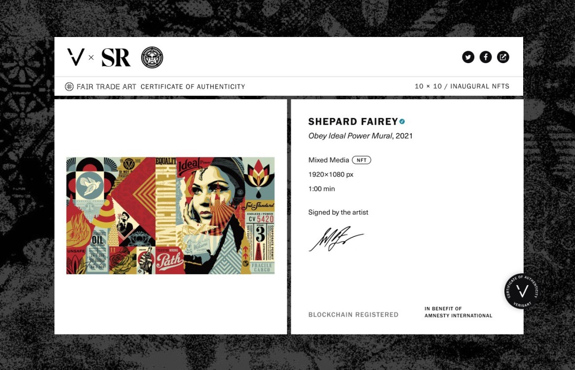 Shepard Fairey, Obey Ideal Power Mural, Fair Trade Art Certificate of Authenticity by Verisart, courtesy of Verisart.