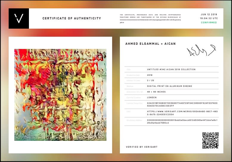 Ahmed Elgammal certificate of authenticity for Untitled #342
