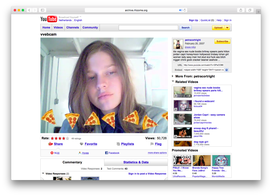 Petra Cortright, VVEBCAM, 2007. Screenshot of reconstructed YouTube page. Source: Net Art Anthology, Rhizome