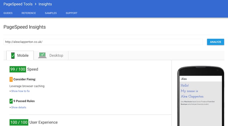 Google PageSpeed Insights result of Alex's website. Mobile speed scores 99 out of 100 and user experience scores 100 out 100.