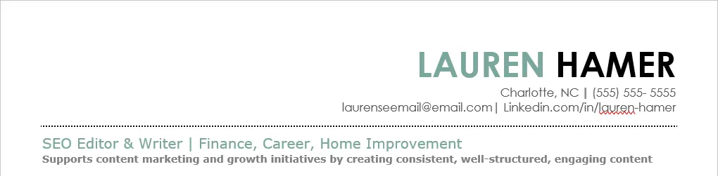 The header of Lauren Hamer's resume, showing that she's an SEO Editor & Writer