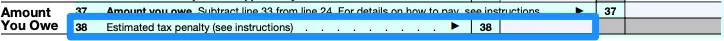 Part of a blank Form 1040, with line 38 — for estimated tax penalty — circled in blue