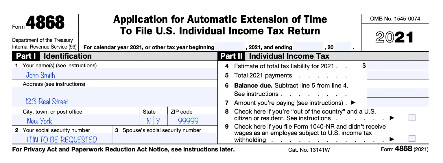 Top of a Form 4868 with Part I filled out in blue