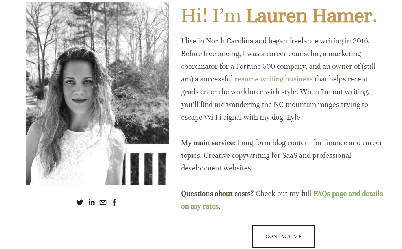 Screenshot of freelance writer Lauren Hamer's about me page on her writing portfolio