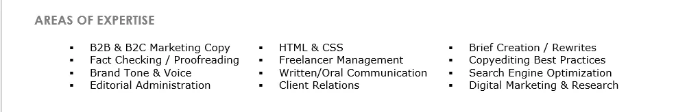 The skills section of a resume, showing various editorial and marketing skills in bullet points