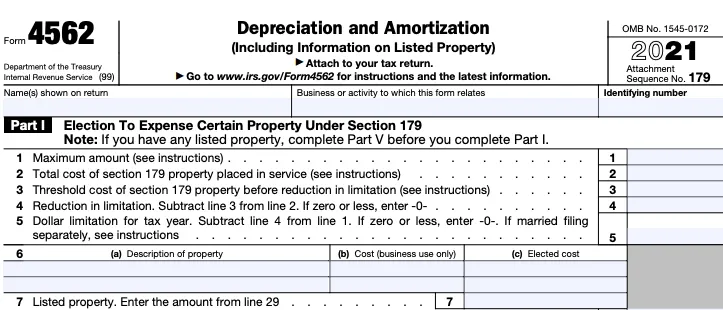 A blank Form 4562, used for depreciating and amortizing business assets