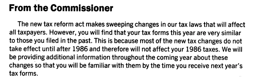 First paragraph of a note from the IRS Commissioner about 1986's tax reform act