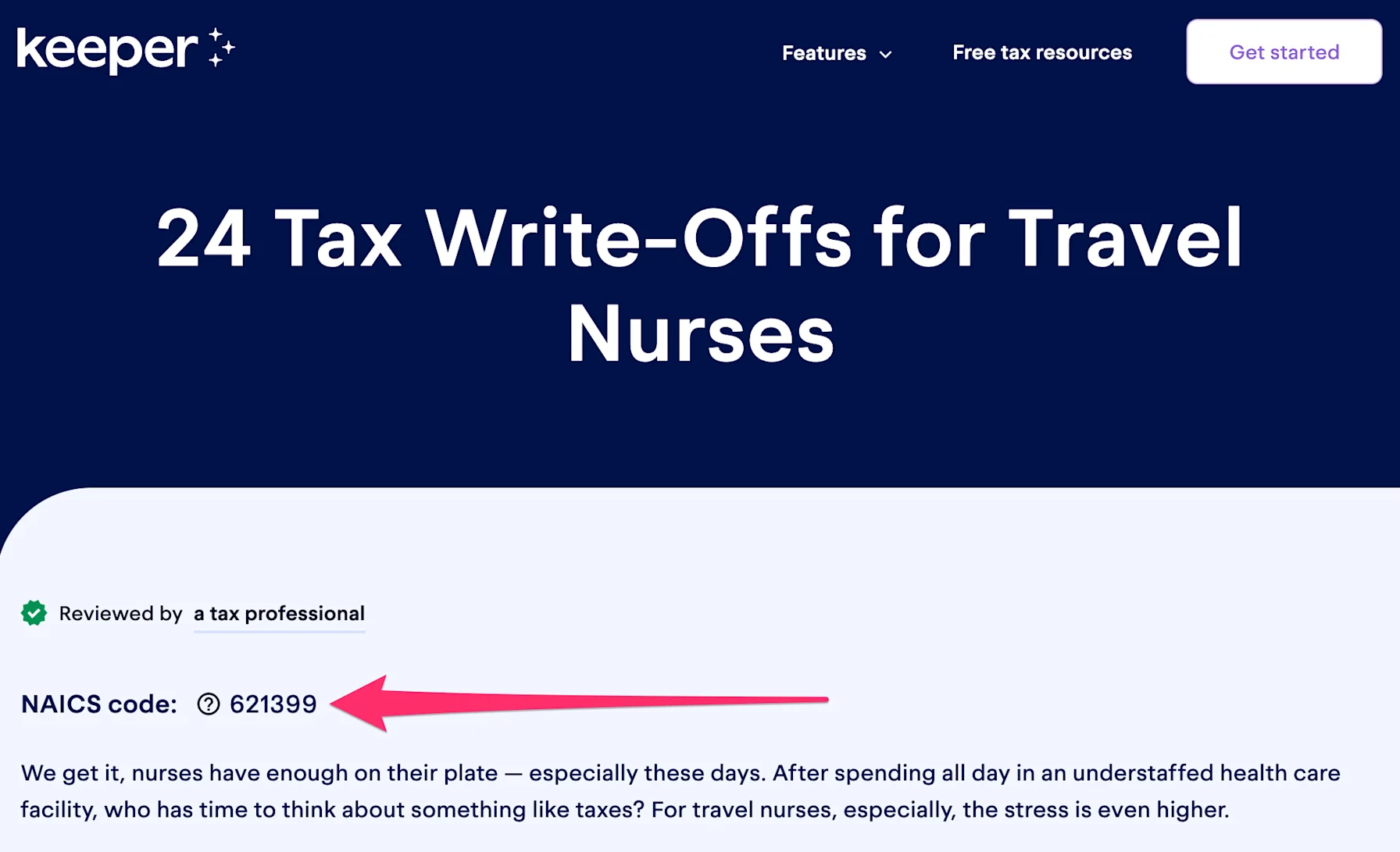 Keeper's "24 Tax Write-Offs for Travel Nurses" page, with a pink arrow pointing to the NAICS code of 621399