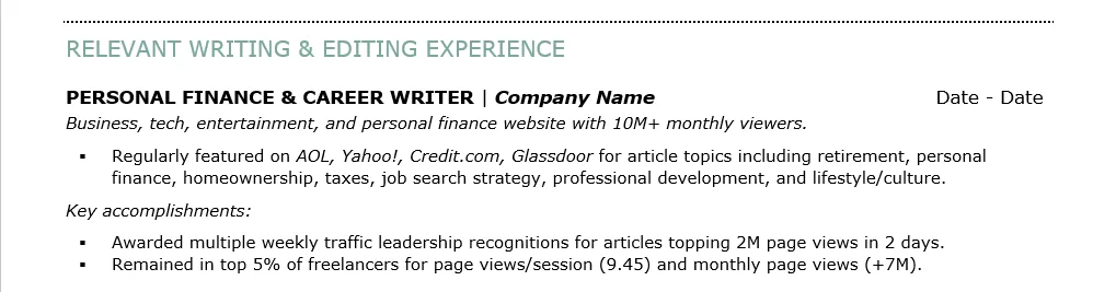 The experience section of a resume showing experience as a finance and career writer
